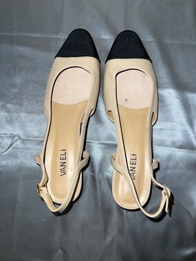 Vaneli Beige Slingback Flats with Black Cap Toe